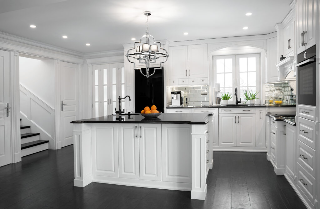 Beautiful, hampton style, wooden kitchen with large island