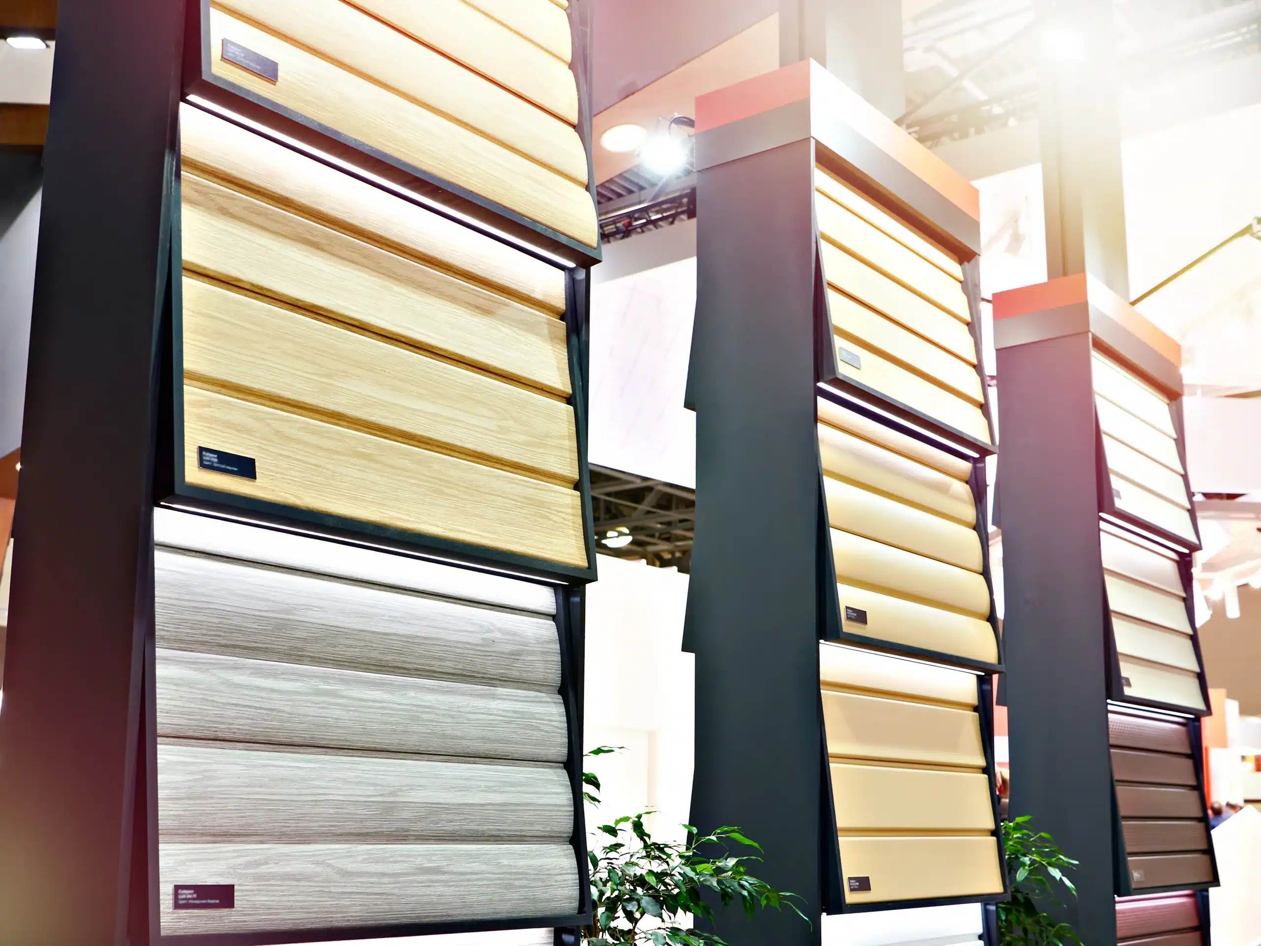 Custom vinyl sidings options for homes A showroom display features various custom wood tone and colored vinyl sidings.