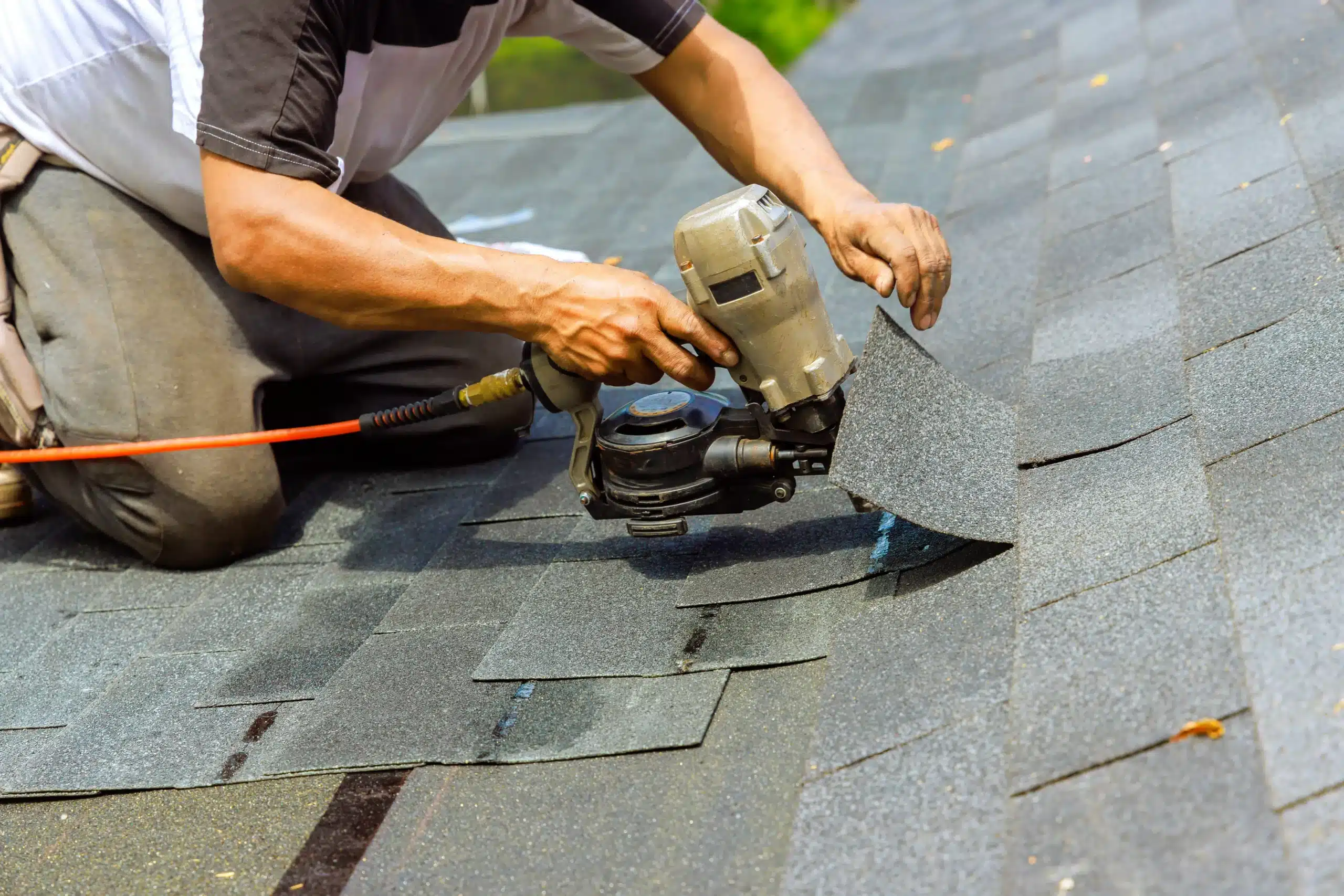 Professional exterior home renovation and painting services Professional installing new asphalt shingles on a roof for complete exterior home renovation.